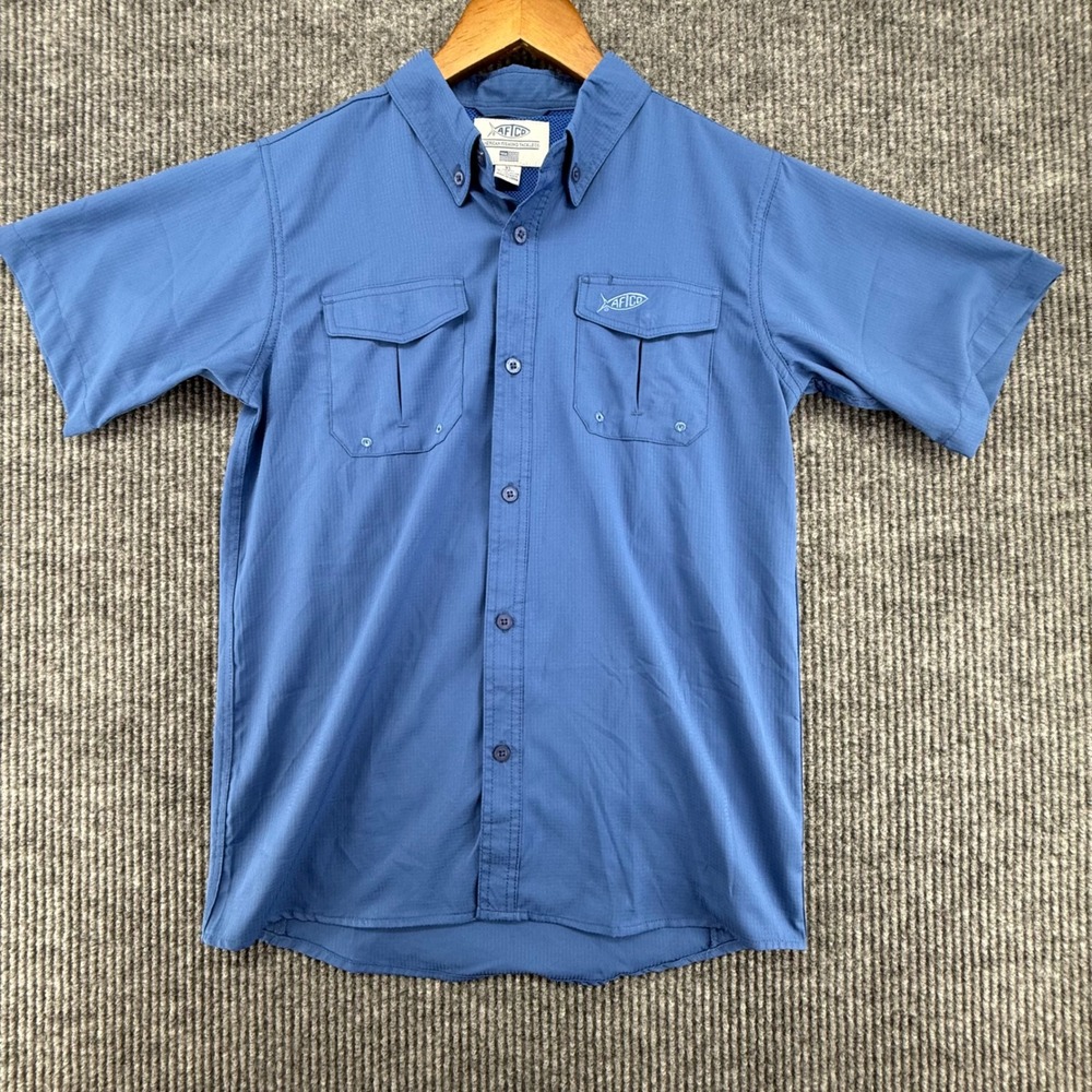 AFTCO Fishing Shirt Boys XL Blue Excellent Short Sleeve Button‎ Down Ripstop